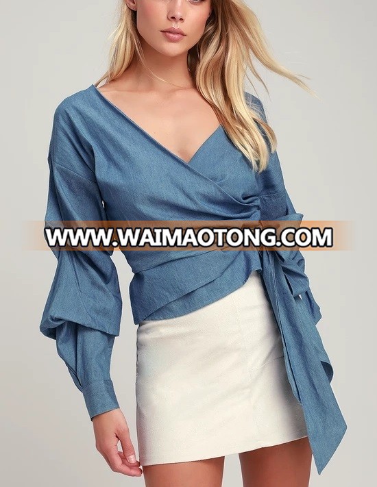 Blue Chambray Long Sleeve Wrap Top Ballon Sleeves Bow Sashes Blouse Lady