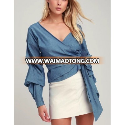 Blue Chambray Long Sleeve Wrap Top Ballon Sleeves Bow Sashes Blouse Lady