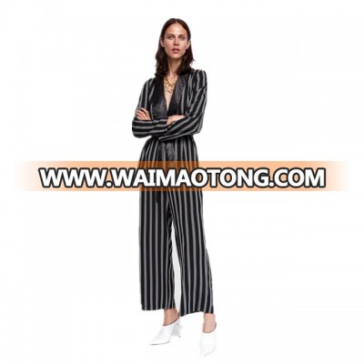 Black/white100% polyester striped kimnon belt with matching tuxedo collar long sleeves fashion women off shoulder blouses