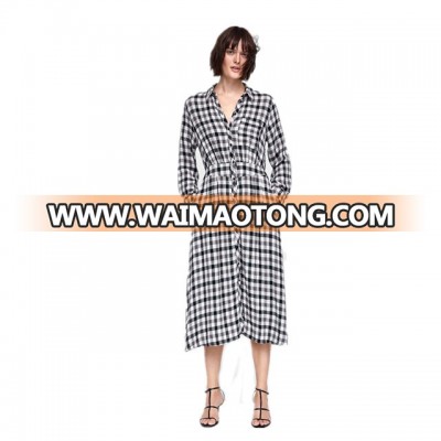 2018 Spring autumn women's new look checkd cotton swing long sleeve lapel collar shirt grey maxi dress with button