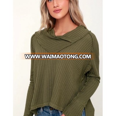 Custom Asymmetrical Cowl Neck Cuffed Long Sleeves High-Low Hem Ladies Elastic Tops