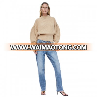 2018 autumn sand short knit sweater with high neck winter female loose knit sweater women long puff sleeve sweaters