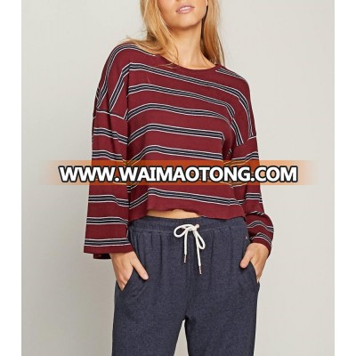 Soft Textile Top Shirt For Women With Striped Oversized Long Sleeves Can Custom Women Clothes