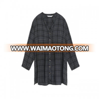 2018 Women's Spring/Autumn grey color design retro check shirt dress Cotton v-neck long sleeve plaid dress