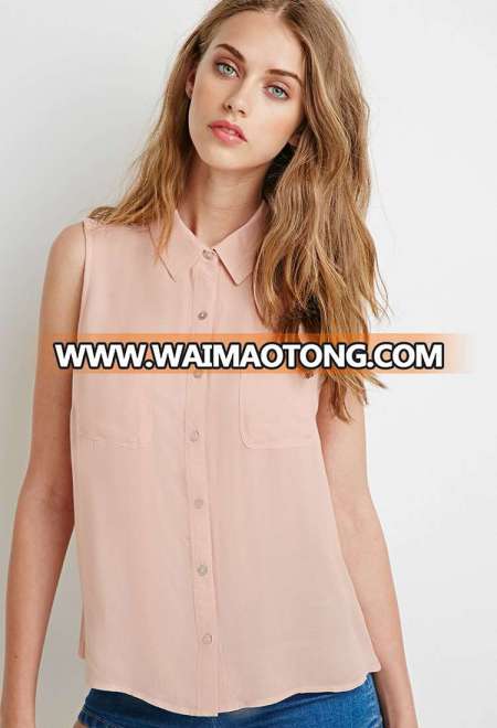 Woven Sleeveless Lace-Paneled Pocket Girl Shirt